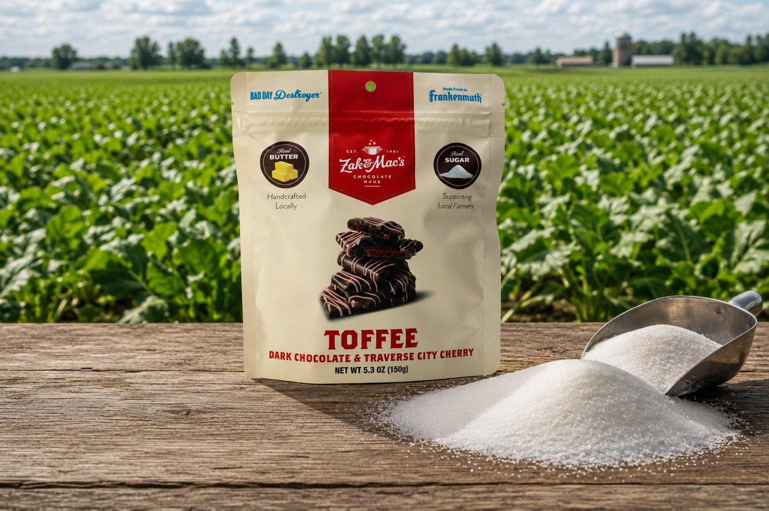 Zak and Mac’s Dark Chocolate Traverse City Cherry Toffee made with Pioneer Sugar, pictured in a Michigan sugar beet field