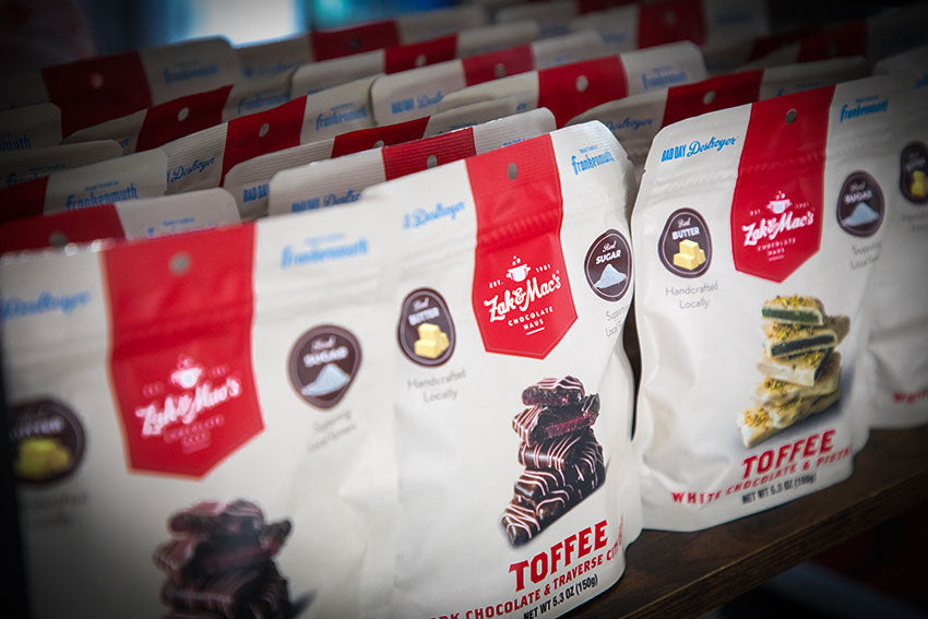 Zak and Mac’s retail-ready toffee bags arranged for wholesale